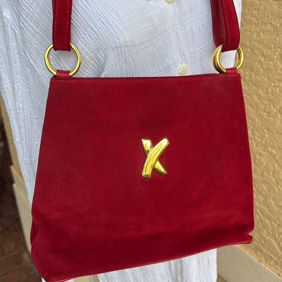 Paloma Picasso Red Suede Handbag Double Shoulder Strap Versatile - Picture 4 of 11
